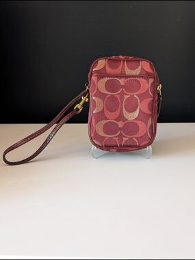 Coach Signature C Burgundy and Gold Mini Eva Wristlet